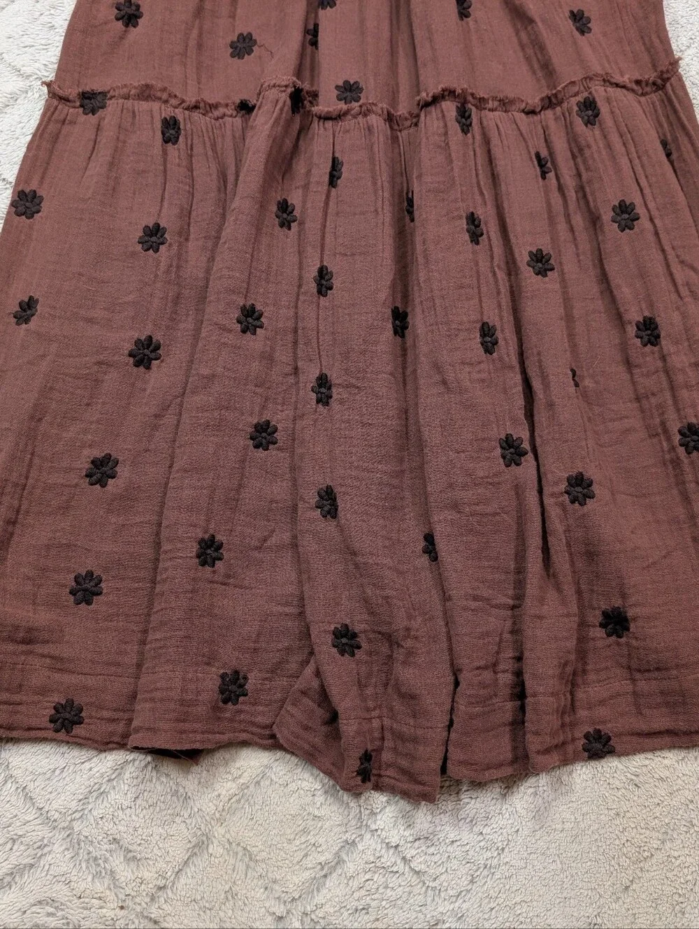 Free People Dress Womens XS Brown Burgundy Road Dahlia Embroidered Tier Maxi